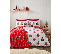 Catherine Lansfield Christmas Party Robins Reversible Double Duvet Cover Set with Pillowcases Grey