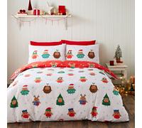 Catherine Lansfield Christmas Party Robins Reversible Duvet Cover Bed Set White