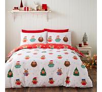 'Christmas Party Robins' Reversible Duvet Cover Set Catherine Lansfield White King