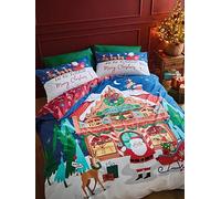 Catherine Lansfield Christmas Santa's Workshop Reversible King Duvet Cover Set with Pillowcases Navy Blue