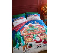 Catherine Lansfield Christmas Santa's Workshop Reversible Double Duvet Cover Set with Pillowcases Navy Blue