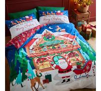 Catherine Lansfield Christmas Santa's Workshop Reversible King Duvet Cover Set With Pillowcases Navy Blue