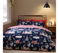 Catherine Lansfield Christmas Ski Village Reversible Double Duvet Cover Set with Pillowcases Navy Blue