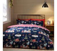 Catherine Lansfield Christmas Ski Village Reversible Double Duvet Cover Set with Pillowcases Navy Blue