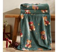 Catherine Lansfield Christmas Tartan Teddy Bear 130x170cm Throw Green