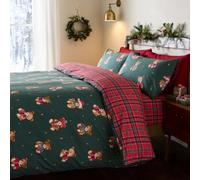 Catherine Lansfield Christmas Tartan Teddy Bear Double Duvet Set Green