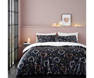 Catherine Lansfield Cosmic Hearts and Stars Reversible Single Duvet Cover Set with Pillowcase, Black