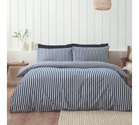 Catherine Lansfield Brushed Stripe Cotton Reversible Super King Duvet Cover Set with Pillowcases Navy Blue