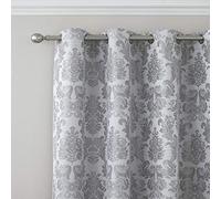 Catherine Lansfield Damask Jacquard 66x72 Inch Lined Eyelet Curtains Two Panels Silver Grey