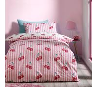 Catherine Lansfield Disco Cherries Stripes Reversible Single Duvet Cover Set with Pillowcase Pink