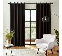 Catherine Lansfield Downstairs Faux Silk 46x54 Inch Blackout Thermal Insulating Eyelet Curtains Two Panels Black