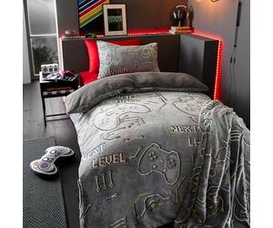 Catherine Lansfield Game Over Glow in the Dark Fleece Single Duvet Cover Set with Pillowcase Black