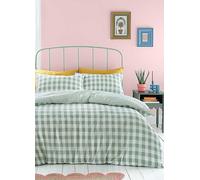 Catherine Lansfield Duvet Cover Set Seersucker Gingham Check 180 Thread Count Green King