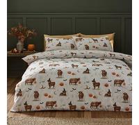 Catherine Lansfield Halloween Highland Cow Reversible Double Duvet Cover Set with Pillowcases Natural