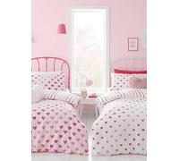 Catherine Lansfield So Soft Hearts and Stripes Double Duvet Cover Set with Pillowcases Two Pack Pink White