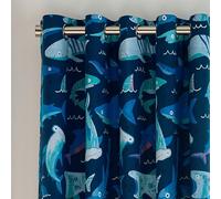 Catherine Lansfield Kids Jawsome Shark Fully Reversible 66x72 Eyelet Curtain Two Panels Navy Blue