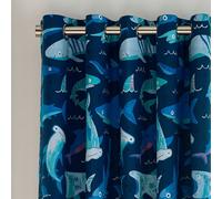 Catherine Lansfield Kids Jawsome Shark Fully Reversible 66x72 Eyelet Curtain Two Panels Navy Blue