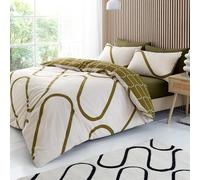 Catherine Lansfield Linear Curve Geometric Reversible Single Duvet Cover Set with Pillowcase Olive Green