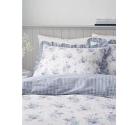 Catherine Lansfield Lucie Floral Frill Reversible Double Duvet Cover Set with Pillowcases White Blue