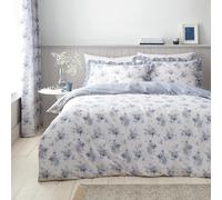 Catherine Lansfield Lucie Floral Frill Reversible King Duvet Cover Set with Pillowcases White Blue