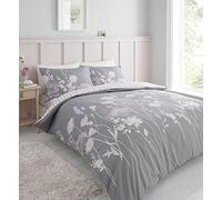Catherine Lansfield Meadowsweet Floral Reversible Double Duvet Cover Set with Pillowcases Grey Pink
