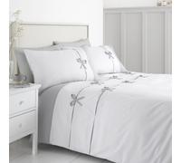 Catherine Lansfield Milo Bow White Single Duvet Cover Set - Pleated Bow Embellishment with Grey Contrast for a 3D Effect