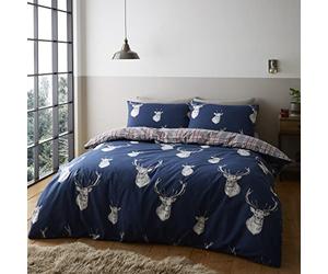 Catherine Lansfield Monro Stag Check Navy Duvet Cover Set 160 x 200 + 50 x 80 cm