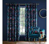 Catherine Lansfield Mya Tropical Floral 46x54 Inch Lined Eyelet Curtains Two Panels Navy Blue