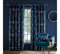 Catherine Lansfield Curtains Mya Tropical Floral Lined Eyelet 66 x 54 in Two Panels Navy