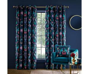 Catherine Lansfield Mya Tropical Floral 66x72 Inch Lined Eyelet Curtains Two Panels Navy Blue
