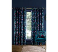 Catherine Lansfield Mya Tropical Floral 46x54 Inch Lined Eyelet Curtains Two Panels Navy Blue