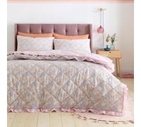 Catherine Lansfield Quilted Bedspread Darcy Floral Striped Bed Throwover Pink