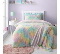Catherine Lansfield Rainbow Cuddly Deep Pile Faux Fur Single Duvet Cover Set with Pillowcase Pastel