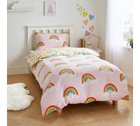 Catherine Lansfield Rainbow Hearts Cosy Fleece Reversible Single Duvet Cover Set with Pillowcase Pink