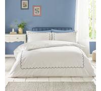 Catherine Lansfield Scallop Border Embroidery Super King Duvet Cover Set with Pillowcases White/Navy