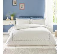 Catherine Lansfield Scallop Border Embroidery King Duvet Cover Set with Pillowcases White/Navy