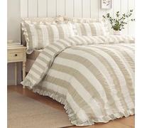 Catherine Lansfield Seersucker Frill Stripe Single Duvet Cover Set with Pillowcase Natural