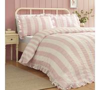 Catherine Lansfield Seersucker Frill Stripe Single Duvet Cover Set with Pillowcase Pink