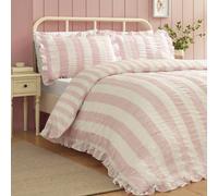 Catherine Lansfield Seersucker Frill Stripe Super King Duvet Cover Set With Pillowcases Pink