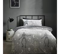 Catherine Lansfield Skeleton Fleece Glow in the Dark Single Duvet Cover Set with Pillowcase Grey