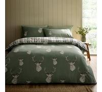 Catherine Lansfield Stag Check Reversible Super King Duvet Cover Set with Pillowcases Soft Green