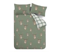 Catherine Lansfield Duvet Cover Set Stag Check Reversible with Pillowcases King Soft Green