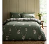 Catherine Lansfield Duvet Cover Set Stag Check Reversible with Pillowcases King Soft Green