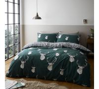 Catherine Lansfield Stag Single Duvet Cover Bedding Bed Set Green Reversible Check Design