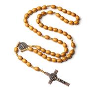Catholic Cross Necklace with Wooden Rosary Holding Wooden Beaded Cross Mini Jesus Pendant Crucifix for Prayer Meditation Religious Christian Gifts or Necklace Decoration Men & Women 62cm Yellow