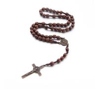 Catholic Cross Rosary Necklace, Natural Wood Prayer Beads with Medal Cross Jesus Christ Saint Benedict, for Catholic Christians Religious Communion, Baptism, Mass, Bible