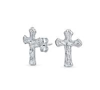Catholic Crucifix Cross Religious Tiny Stud Earrings For Women For Men Teen Communion Gift .925 Sterling Silver