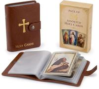 Catholic Faux Leather Holy Card Holder - Pocket Prayer Card Organizer with Snap Closure, Carrying Each Case Bag Religious Closet Essentials Lord God Almighty Hold Christian Gift (Brown,with Cards)