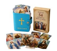 Catholic Faux Leather Holy Card Holder, Pocket Prayer Card with 54 Holy Cards,PU Portable Organizer with Snap Closure for Sacred Heart,Portable Storage Booklet for Cards Medals Tokens Gifts(Blue)