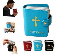 Catholic Genuine Leather Holy Card Holder,Pocket Prayer Card Organizer with Snap Closure,Portable Booklet Case,Book Faux Case Album Carrying Worship Funeral Anima Christi Relic Cross Water Bible Box